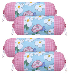 Kuber Industries Cotton Flower Print Attractive Bolster Cover with Drawstring for Home Décor,Set of 4 (Pink)