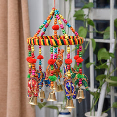 Heart Home Rajasthani Traditional Windchimes|Hanging Ring Elephant with Bells|Polyester Handcrafted Latkan|Decorative Door Hanging Latkan (Multicolor)