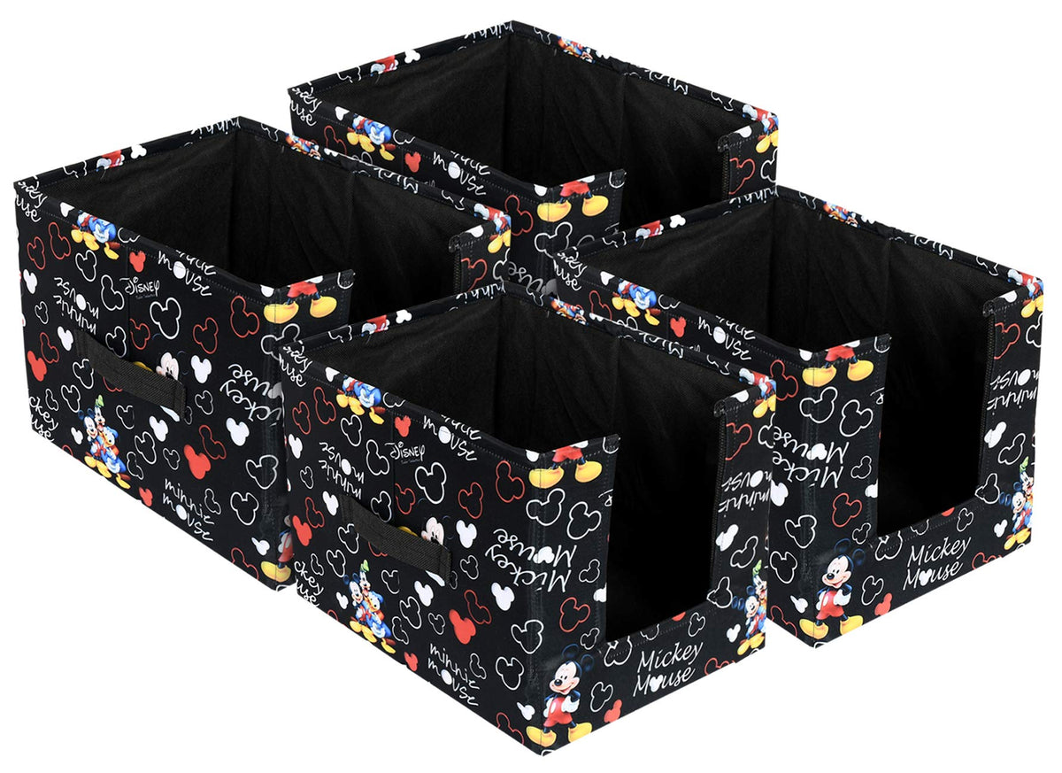 Kuber Industries Disney Mickey Print Non-Woven Fabric 4 Pieces Foldable Cloth Storage Boxes Organizer for Wardrobe With Handle (Black)-KUBMART16075