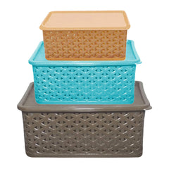 Heart Home Plastic 3 Pieces Big Medium Small Size Multipurpose Solitaire Storage Basket with Lid (Multi) - (CTHH021604)