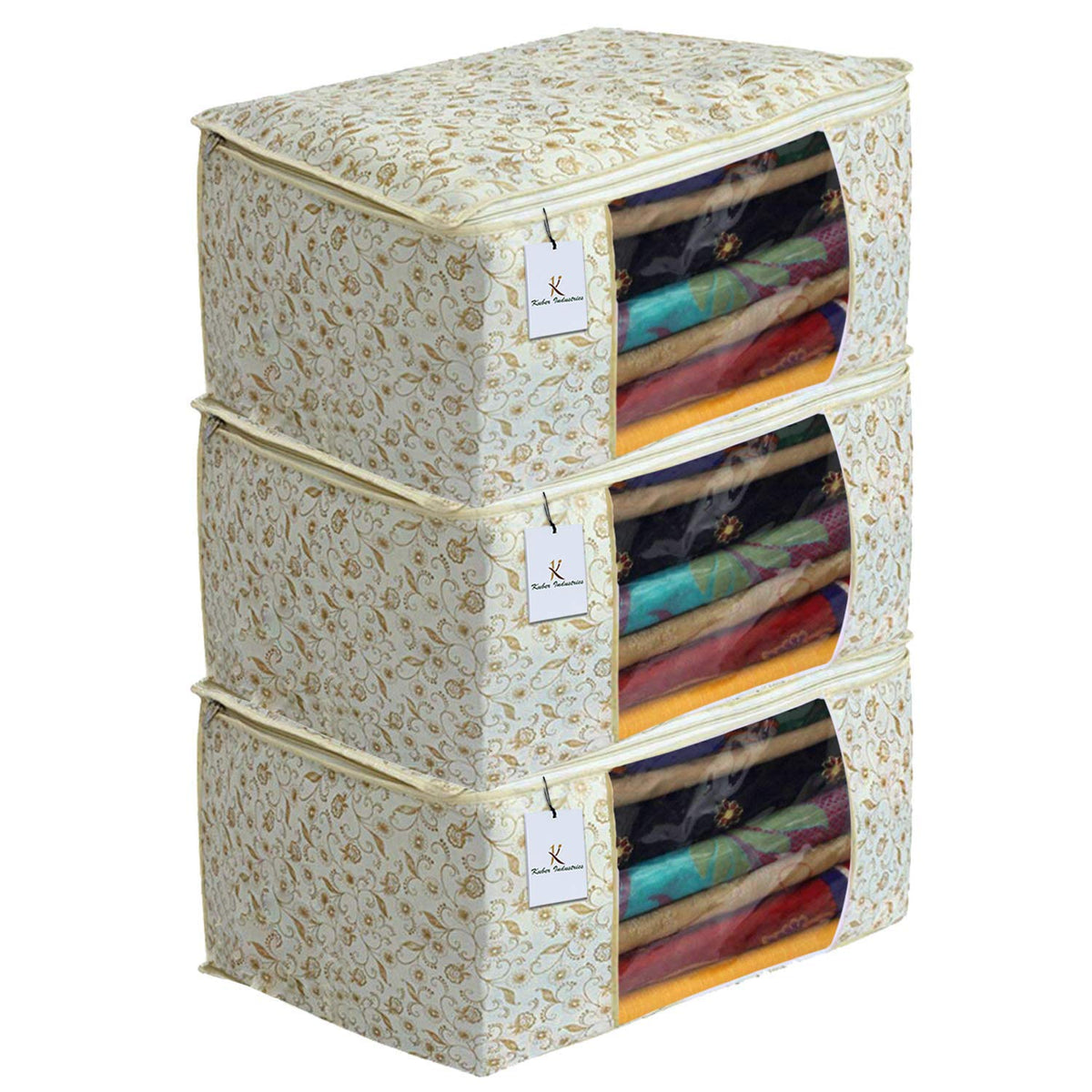 Kuber Industries Metallic Print 3 Piece Non Woven Saree Cover Set (Brown)