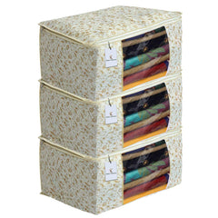Kuber Industries Metallic Print 3 Piece Non Woven Saree Cover Set (Brown)