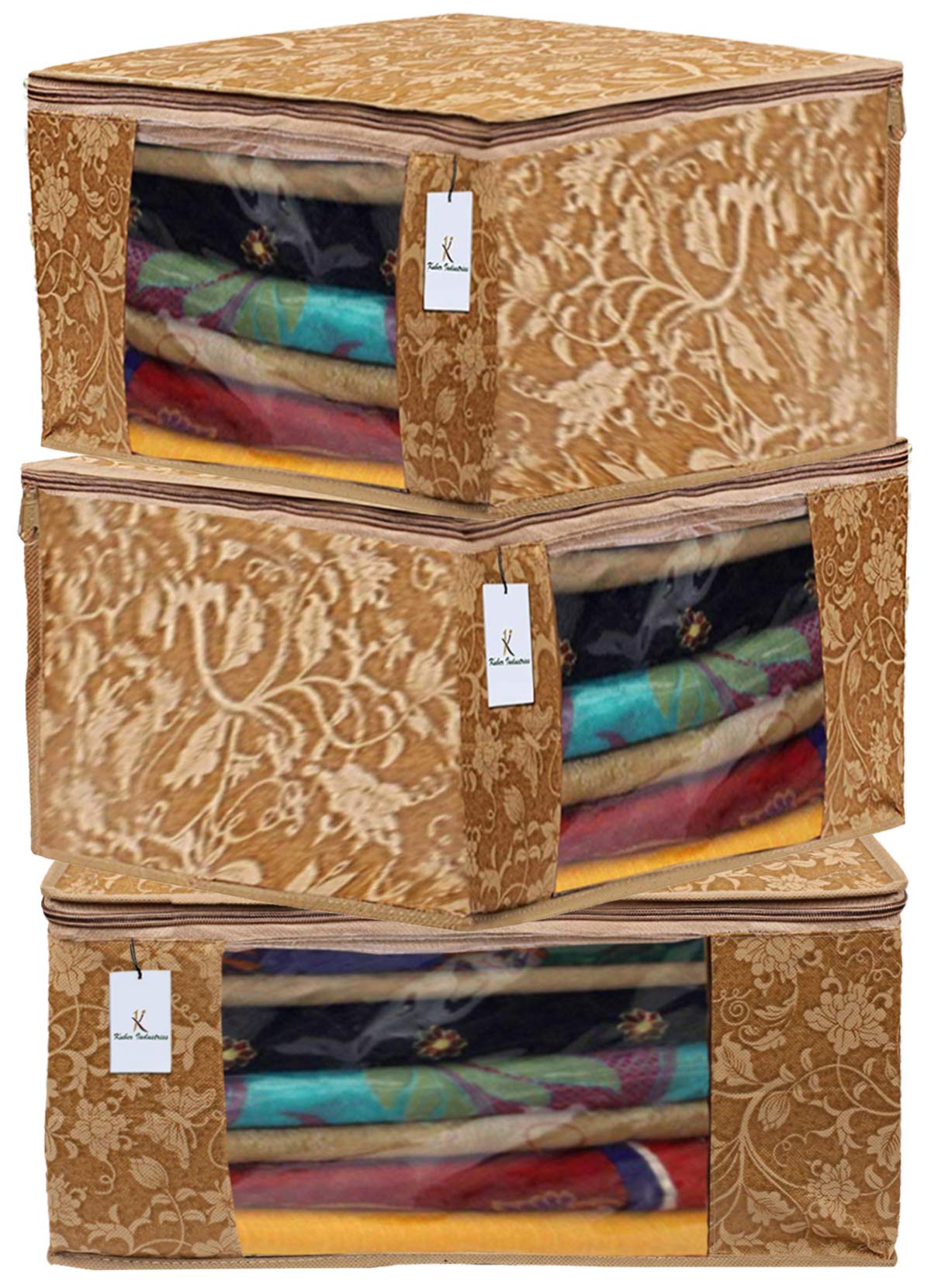 Kuber Industries Non Woven Fabric Saree Cover|Clothes Organiser for Wardrobe Set| Extra Large with Transparent Window|Pack of 3 (Beige)