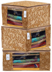 Kuber Industries Non Woven Fabric Saree Cover|Clothes Organiser for Wardrobe Set| Extra Large with Transparent Window|Pack of 3 (Beige)