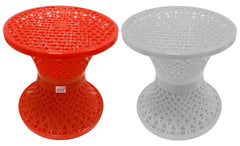 Fun Homes Mesh Design Both Sided Plastic Sitting Stool for Indoor & Outdoor in Damroo Style- Pack of 2 (Orange & White)