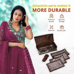 Kuber Industries Jewellery Kit | Satin Flower Embroidery Locker Kit | 3+3+1 Detachable Pouch Cosmetic Kit | Makeup Storage Kit for Watches | Bracelets | Earring | Brown