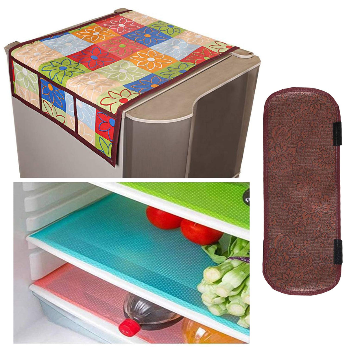 Kuber Industries Cloth 3 Pieces Fridge Mat, 1 Piece Handle Cover and 1 Pieces Fridge Top Cover (Multi)-CTKTC2745, Standard