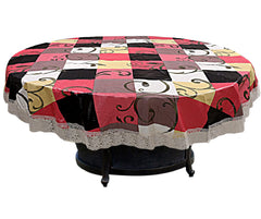 Heart Home Check Printed Waterproof Spillproof 72 Inch 6 Seater PVC Round Table Cover with Lace Border for Dining Room Kitchen Party (Multicolor & White)-HS43HEARTH26599