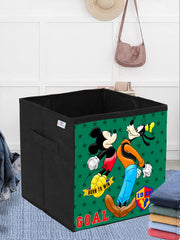 Heart Home Disney Mickey & Goofy Print Durable & Collapsible Square Storage Box|Clothes Organizer With Handle,Pack of 4 (Black)