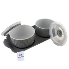 Heart Home Walnut Checkered Design Plastic Solitaire Serving Tray with 2 Multipurpose Snacks/Dry Fruit Air Tight Bowls with Lids (Set of 3, Grey)-HEART11087