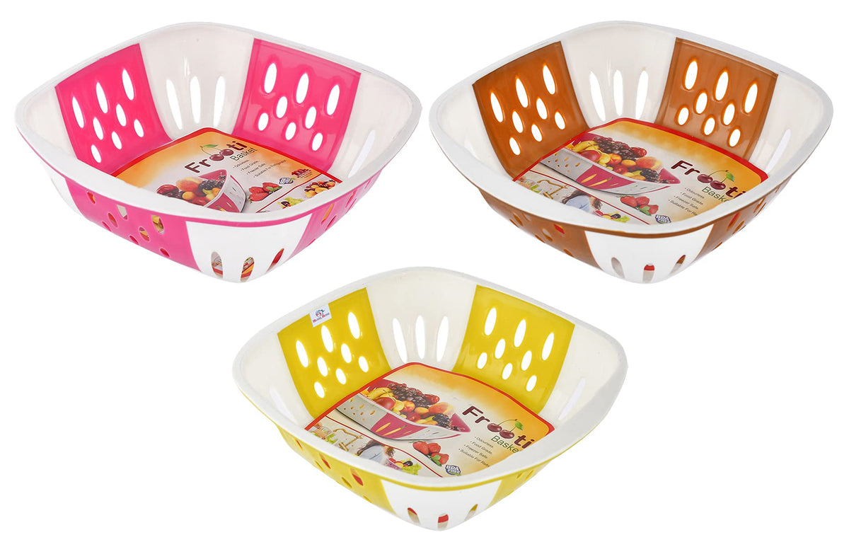 Heart Home Large Multi-Purpose Plastic Storage Baskets for Fruits Vegetables and Kitchen Fridge Dining Table- Pack of 3 (Pink & Brown & Green)-HS42KUBMART25410