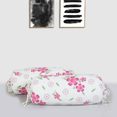Heart Home Bolster Covers | Soft Cotton Bolster Cover Set | Bolster Pillow Covers | Pink Circle Flower Roll Masand Cover | Long Pillow Case | 16x32 Inch | Pack of 6 | White