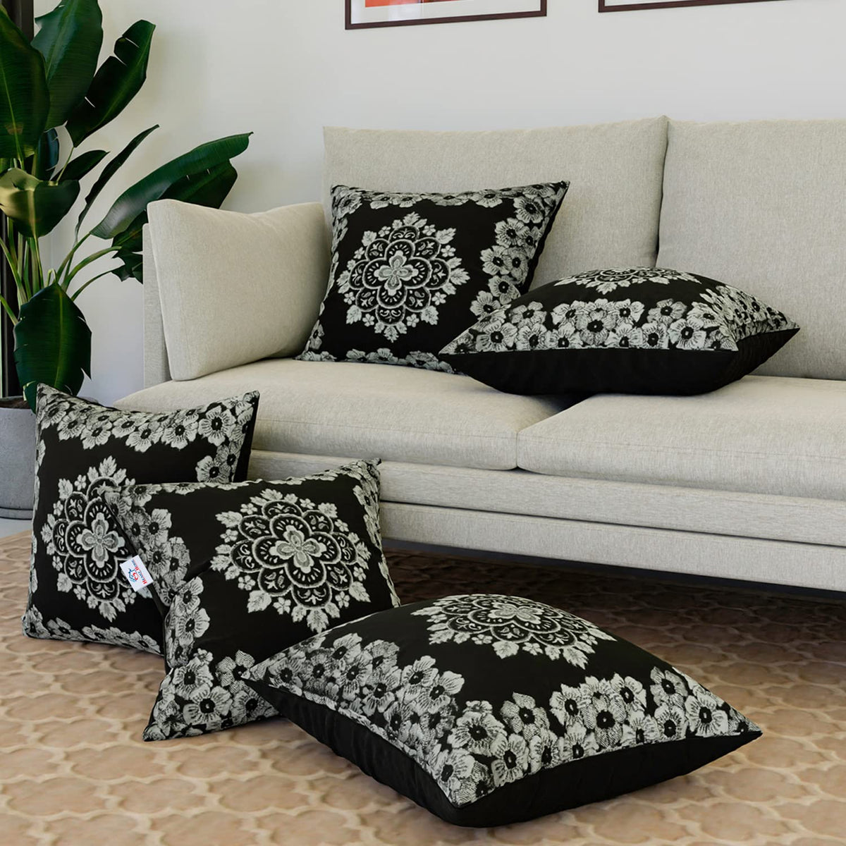 Heart Home Cushion Cover | Sofa Cushion Covers | Embossed Square Cushion Covers | Jute Cushion Covers | Flower Print Couch Cushion Covers | Set of 5 | 16 Inch | Black