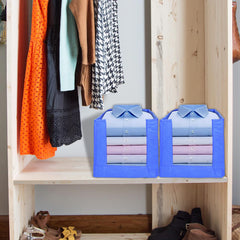 Homestic Pack of 2 Shirt Organizer for Wardrobe|Foldable & Non- woven Shirt Stacker|Designer Cupboard Organizer for Clothes |Clothes Storage box|Sturdy Cardboard Base (Grey and Blue)
