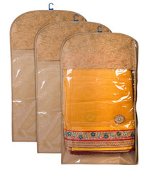 Kuber Industries Hanging Saree Cover for Clothes Storage|Non Woven Flower Pattern Wardrobe Organizer With Transparent Window|Pack of 3 (Cream)