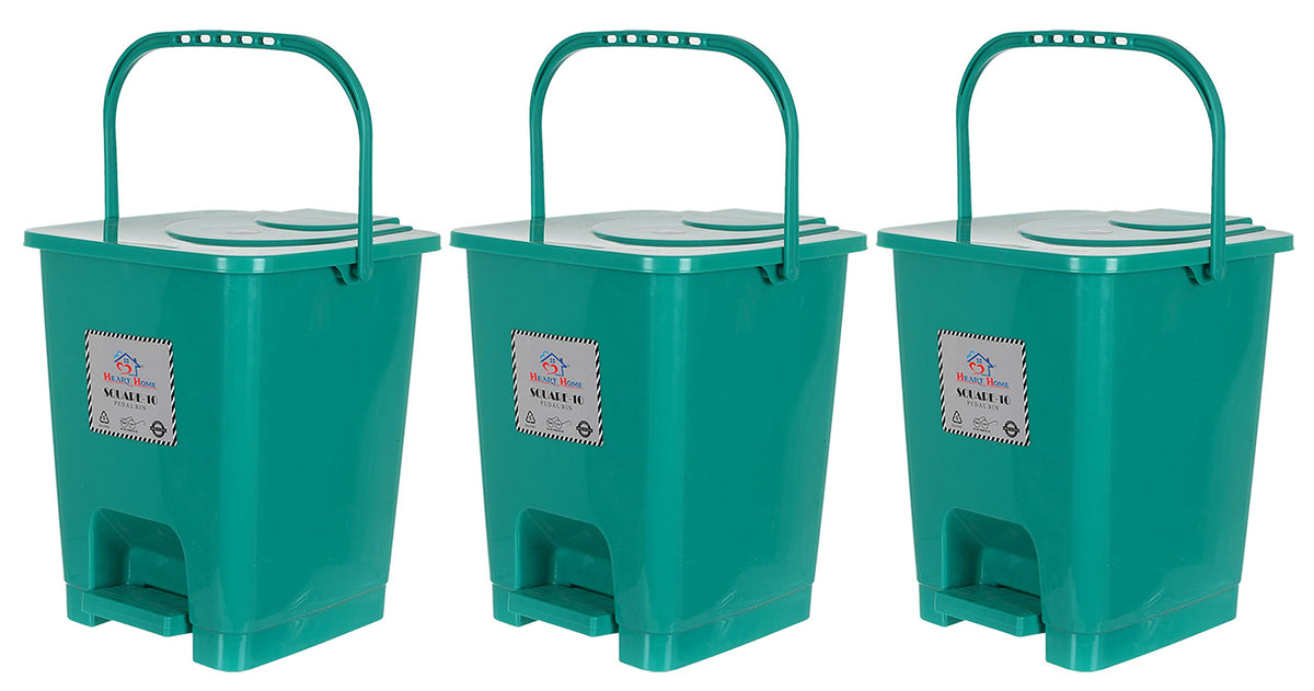 Heart Home Square Premium Plastic Pedal Dustbin with Lid for Home/Kitchen/Office 10 Ltr (Green)-Pack of 3
