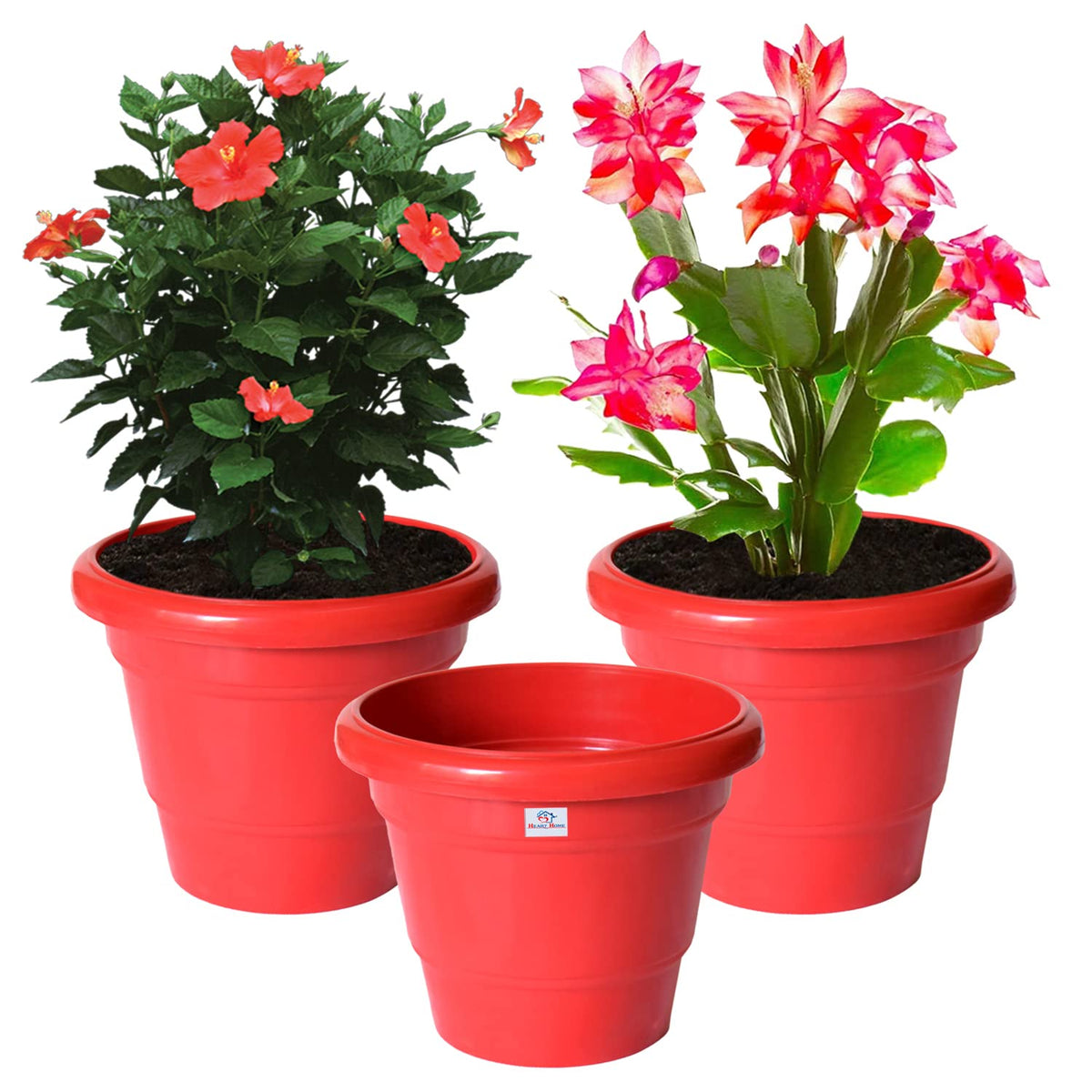 Heart Home Solid 2 Layered Plastic Flower Pot|Gamla for Home Decor,Nursery,Balcony,Garden,6"x5",Pack of 3 (Red)