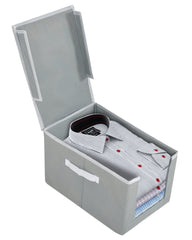 Kuber Industries cotton Foldable Shirt Stacker With Carrying Handle & Lid |Cloth Wardrobe Organizer|Size 38 x 26 x 24 CM (Grey, Rectangular)