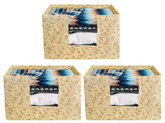 Heart Home Metallic Flower Printed Multiuses Non-Woven Closet Organizer, Storage Bin, Shelf Storage Oragnizer With Handle- Pack of 3 (Ivory)-HS43HEARTH26371