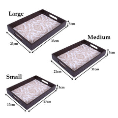 Kuber Industries Nested Serving Trays|Wooden Damask Gold Design Farmhouse Platter|Rectangular Shape Coffee Table Trays with Handle for Kitchen,Dining Area,Set of 3 (Brown)