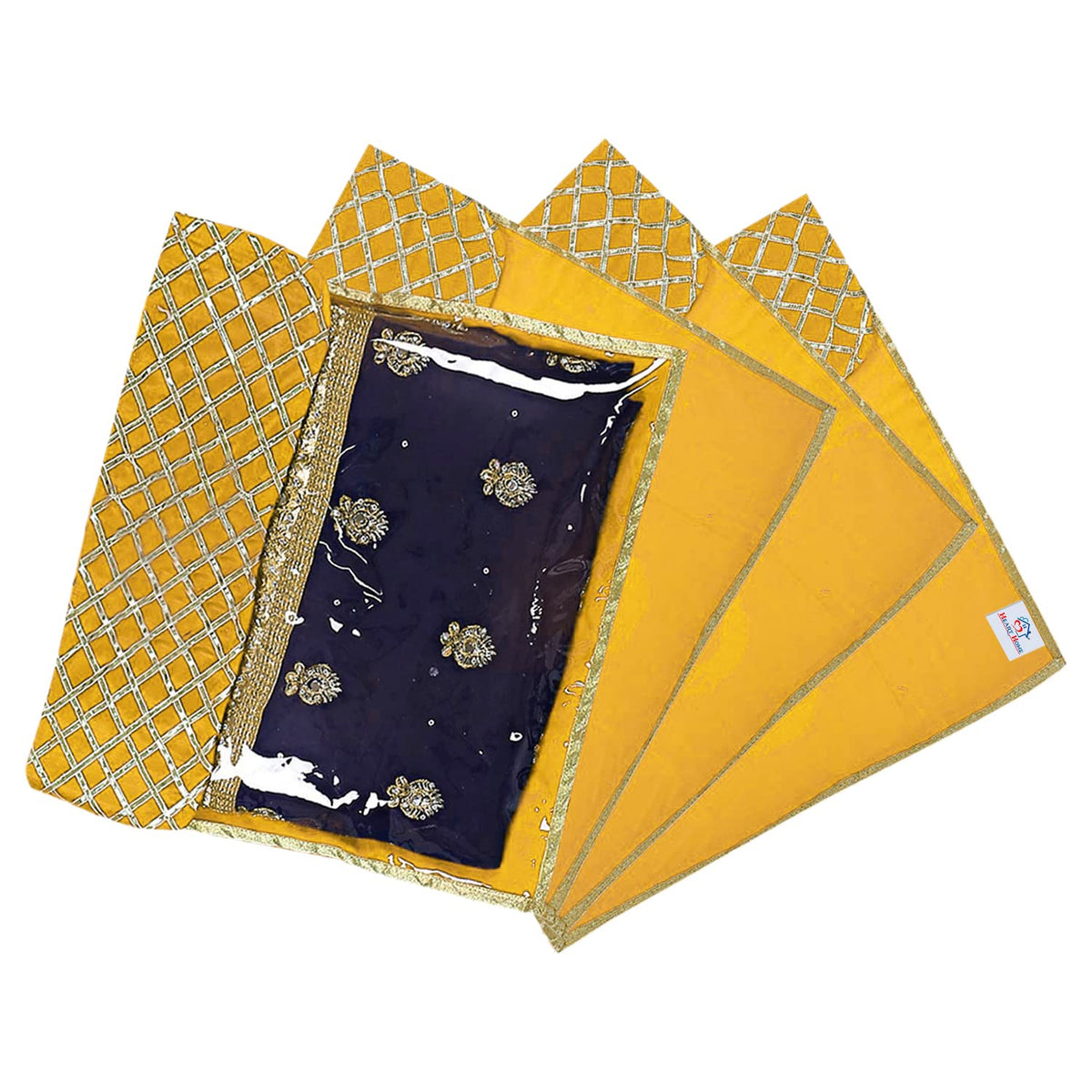 Heart Home Seamless lattice Design Satin Foldable, Lightweigth Single Saree Cover/Organiser For Wardrobe With Transparent Top- Pack of 4 (Yellow)-50HH01333