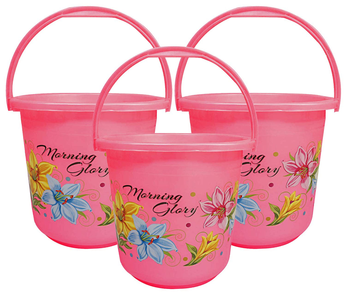 Kuber Industries Floral Print 3 Pieces Unbreakable Strong Plastic Bathroom Bucket 16 LTR (Pink) -CTKTC34855
