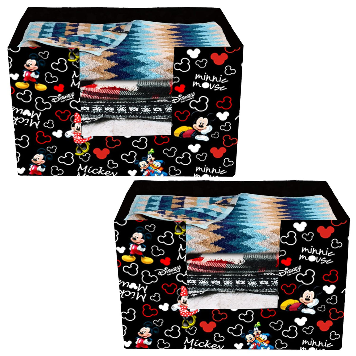 Heart Home Disney Mickey Mouse Printed Non-Woven Foldable Saree Stacker, Wardrobe Organizer, Storage Bin With Handle- Pack of 2 (Black)-HS43HEARTH26376