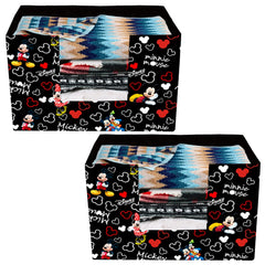 Heart Home Disney Mickey Mouse Printed Non-Woven Foldable Saree Stacker, Wardrobe Organizer, Storage Bin With Handle- Pack of 2 (Black)-HS43HEARTH26376