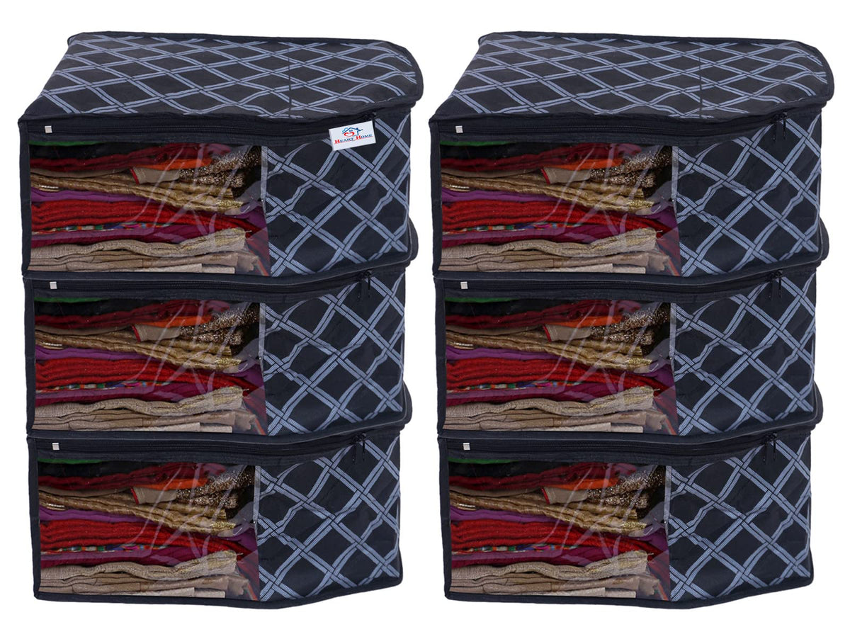 Heart Home Check Print Non-Woven Foldable Blouse Cover|Clothes Cover For Home & Traveling With Transparent Window Pack of 6 (Black)