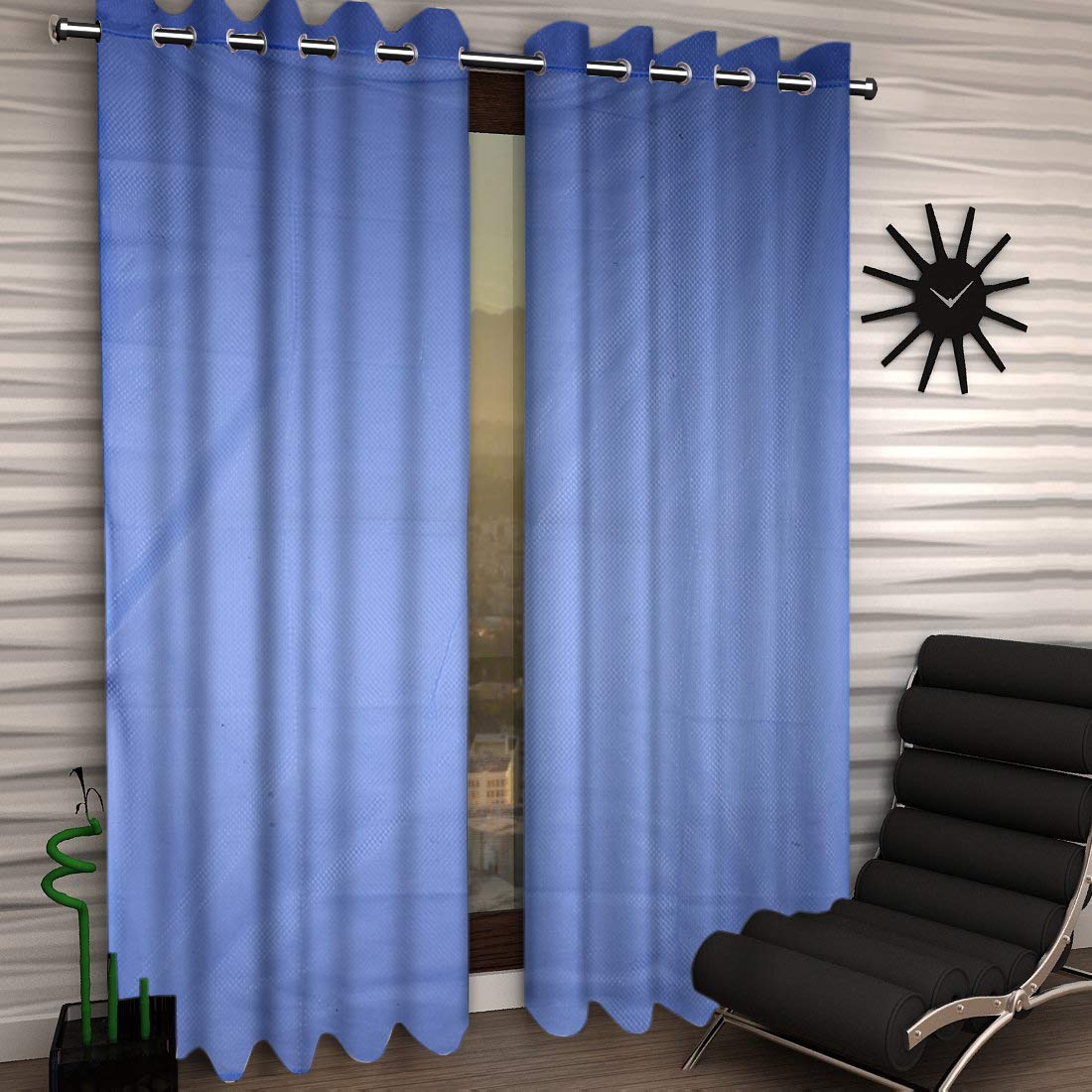 Kuber Industries Zig Zag Design 2 Pieces Sheer Door Curtains Linen Look Semi Transparent Voile Grommet Elegance Curtains for Living Dining Room, Bedroom Drapes 48 x 84 Inch Long, (Blue) - CTKTC040481