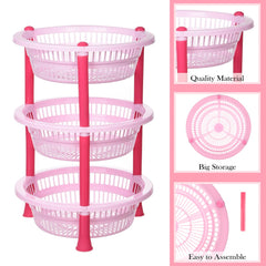 Kuber Industries Storage Basket | Plastic 3 Layer Kitchen Storage Basket | Storage Rack for Kitchen | Multi-Layer Vegetable Rack | Mondeo Floor-Standing Rack | Pink