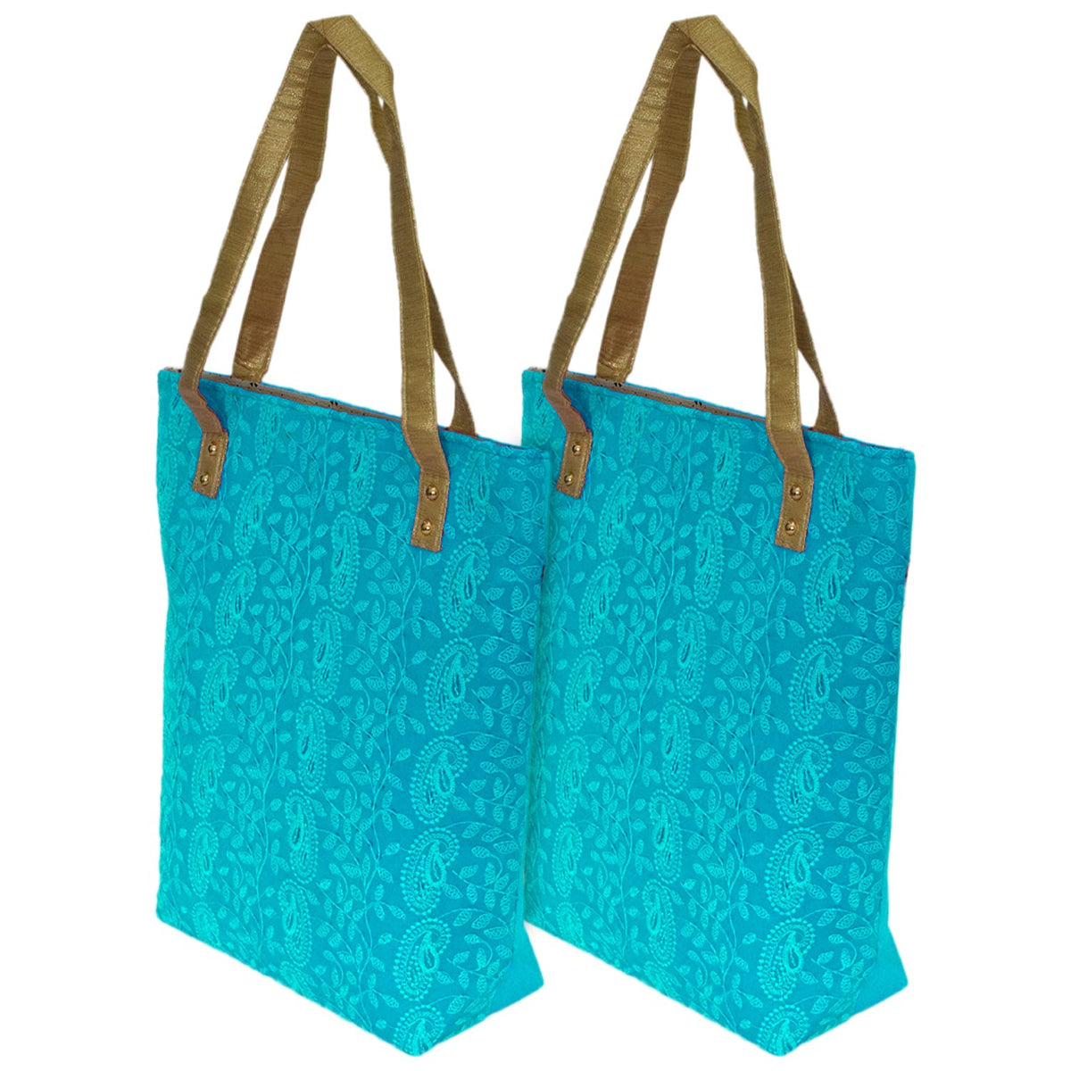 Heart Home Embroidery Polyester Shoulder Bag/Tote Bag/Handbag for Women & Girls with Carrying Handle- Pack of 2 (Blue)-50HH01153