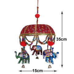 Heart Home Rajasthani Traditional Windchimes|Handcrafted Latkan|Toran with 5 Decorative Hanging Elephants (Red)