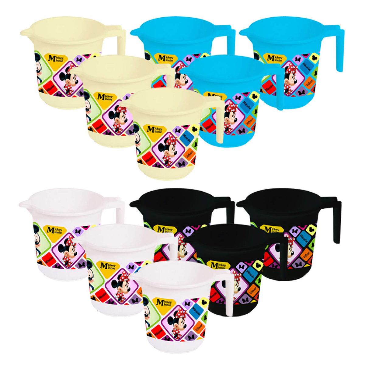 Kuber Industries Disney Mickey Minnie Print Plastic Bathing Mugs for Bathroom Bath Accessory, 500 ML (Set of 12,Cream & Blue & Black & White) -HS_35_KUBMARTS17692 (HS_35_KUBMARTS017692)