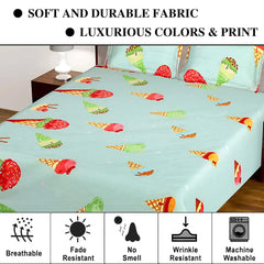 Kuber Industries Double Bedsheet|Glace Cotton Ice Cream Print Bedsheet with 2 Pillow Covers for Living Room|Bedroom|90x100 Inch (Green)