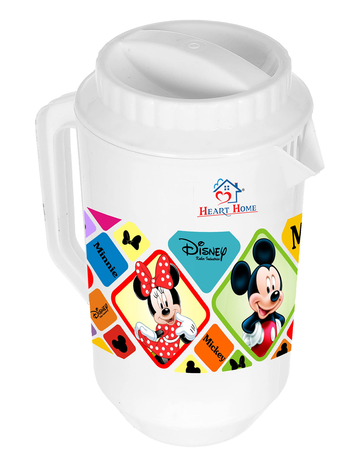 Heart Home Mickey Minnie Print Unbreakable Plastic Water Jug with Lid for Home, Kitchen, Office 2 Liter (White)