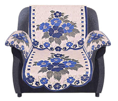 Kuber Industries Flower Design Cotton 5 Seater Sofa Cover with 6 Pieces Arms Cover and 1 Center Table Cover Use Both Side (Set Of17, Cream & Blue)-KUBMART12031, Standard