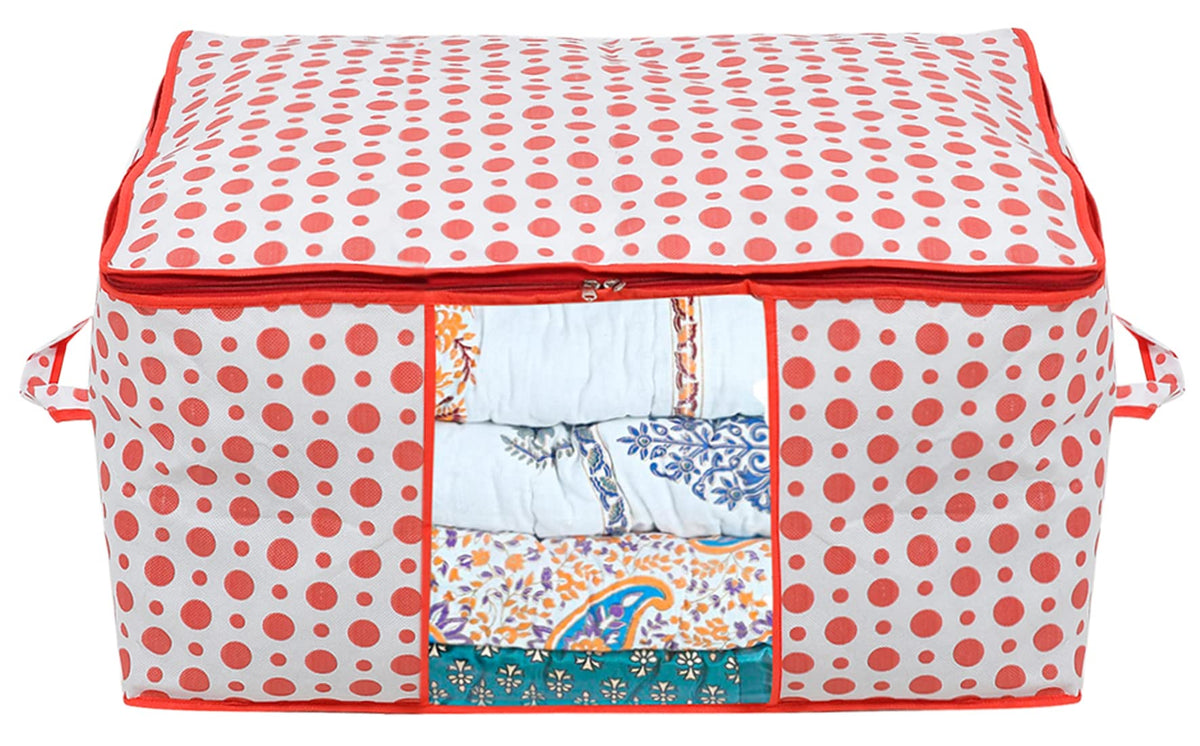 Kuber Industries Dot Printed Foldable, Lightweight Non Woven Underbed Storage Bag For Toys/ Blankets/Stationery Paper/Clothes With Transparent Window With Handle (Pink)-46KM0590