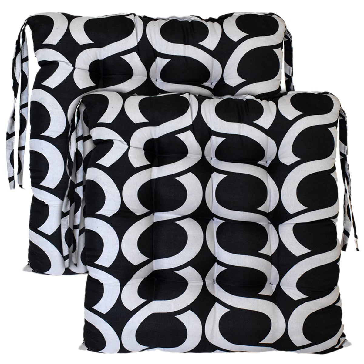 Kuber Industries Geometric Seamless Pattern Microfiber Square Chair Pad Seat Cushion for Rocking Chair, Office Chair, Dinning Chair, Indoor/Outdoor with Ties, 18 * 18 Inch- Pack of 2 (Black)