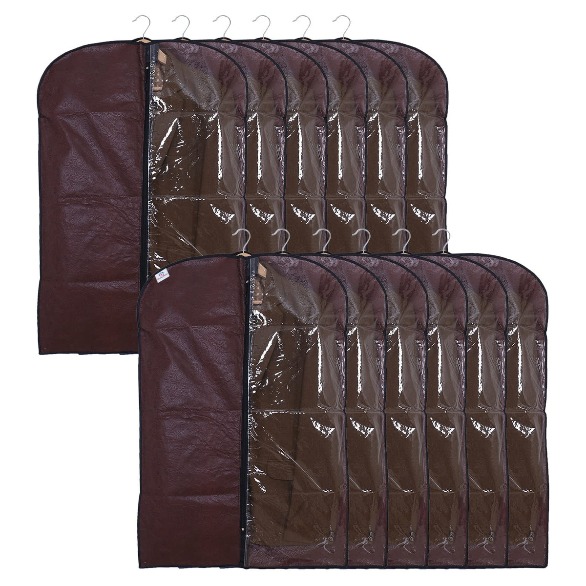 Heart Home Embossed Coat Cover|Non Woven Foldable Hanging Blazer Cover|Half Transparent Wardrobe Organizer Pack of 12 (Brown)