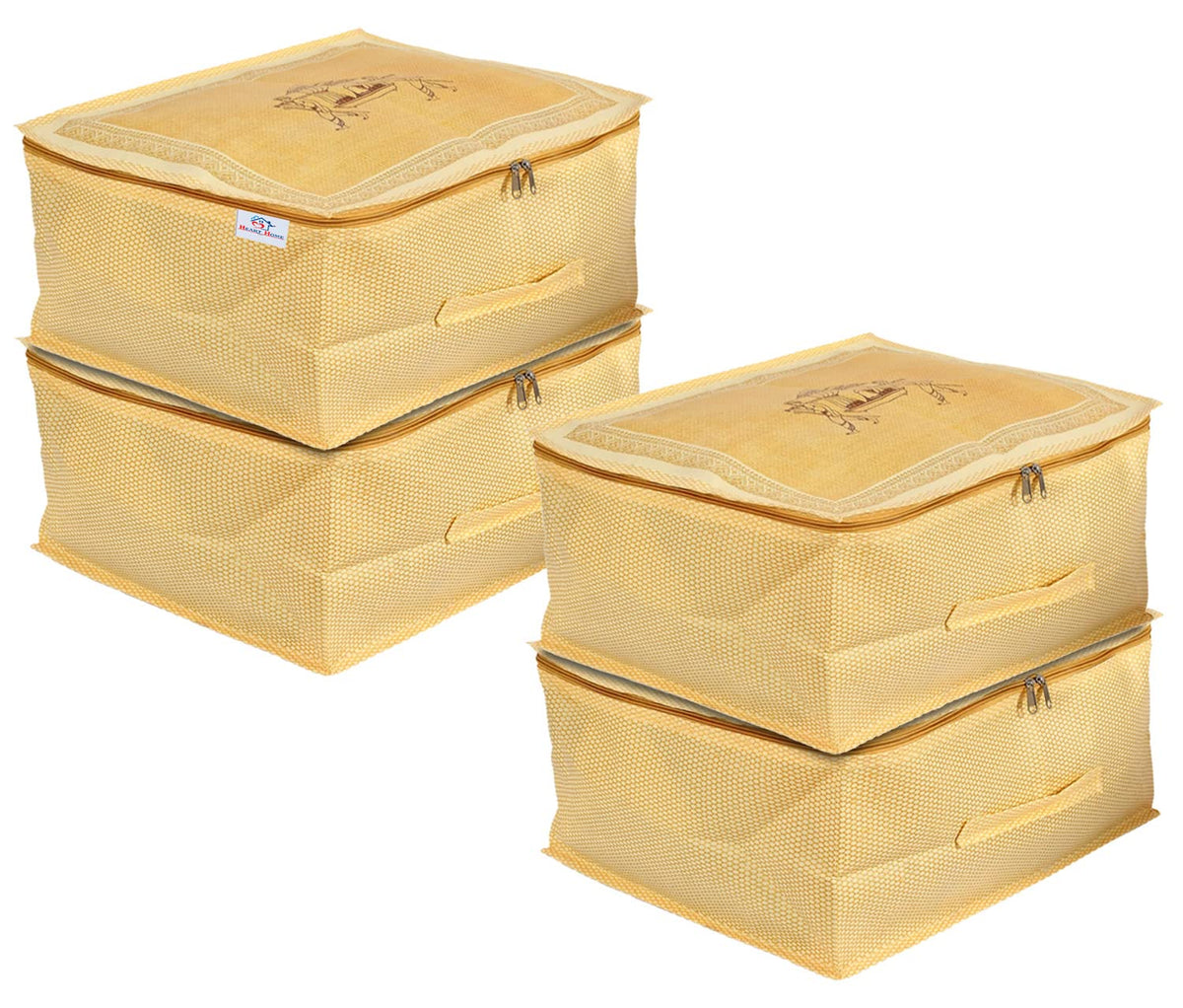 Heart Home Doli Printed Non-woven Foldable Underbed/Storage Bag/Wardrobe Organizer,Pack of 4 (Gold) 54HH4297.