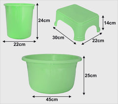 Kuber Industries 3 Pieces Plastic Tub, Dustbin & Stool Set (Green)