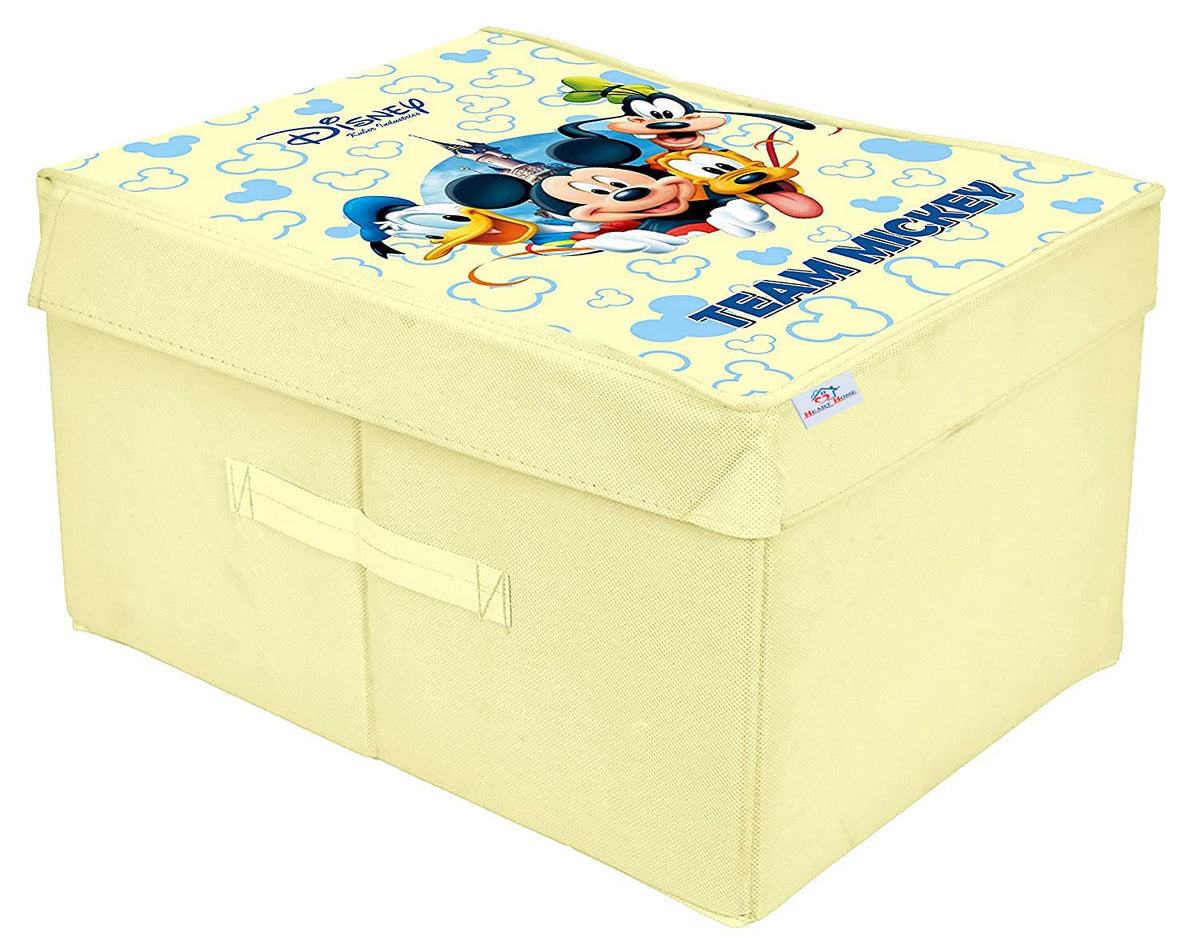 Heart Home Non-Woven Mickey & Friend Print Flodable Storage Box/Wardrobe Organizer With Lid For Home Decor (Cream) 54HH4230.