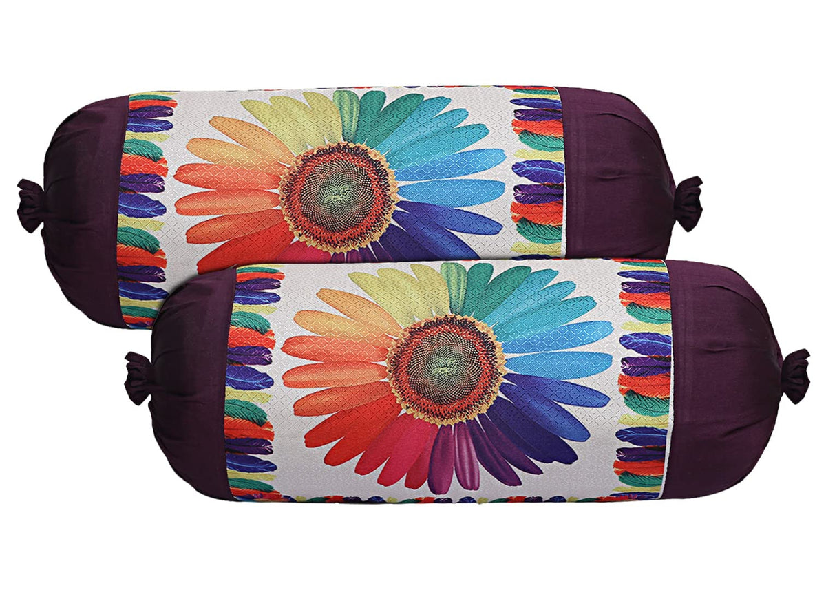 Kuber Industries Bolster Cover|Polyester Bolster Cover Set|Diwan Round Bolster Pillow Covers|Luxurious Sun Flower Print Roll Masand Cover|Pack of 2 (Cream)