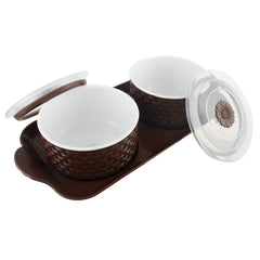 Kuber Industries Walnut Checkered Design Plastic Solitaire Serving Tray with 2 Multipurpose Snacks/Dry Fruit Air Tight Bowls with Lids (Set of 3, Brown)-KUBMART11089