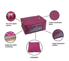 Kuber Industries Cotton Quilted Saree Cover|Transparent Window & Zipper Closure|Regular Cloth Bag|Wardrobe Organiser Set|Pack of 3 (Purple)