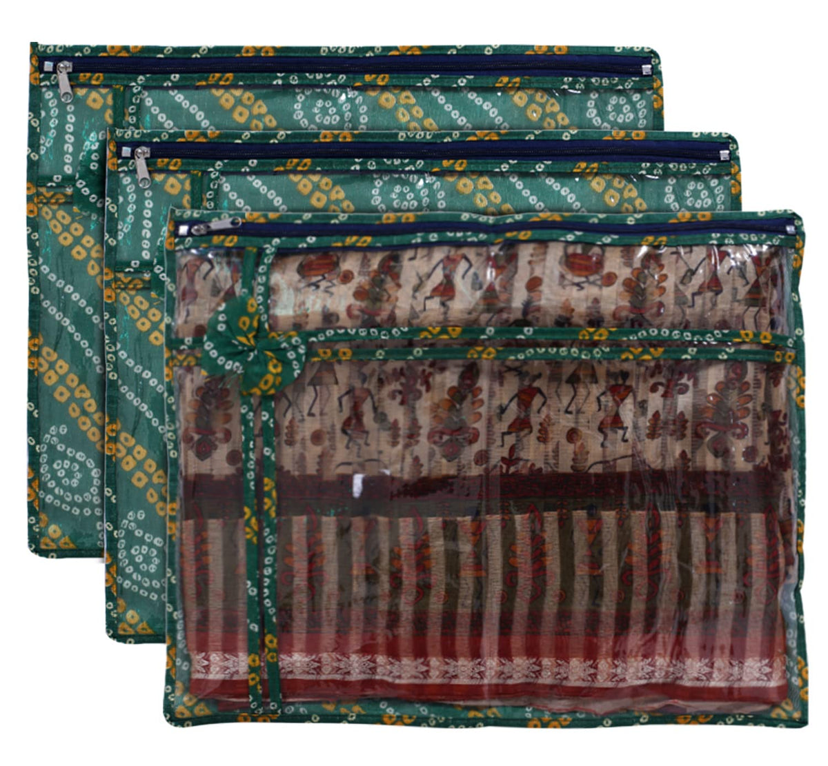 Kuber Industries Bandhani Print PVC Foldable Single Saree Cover|Clothes Storage For Saree, Lehenga, Suit With Transparent Pack of 3 (Green)