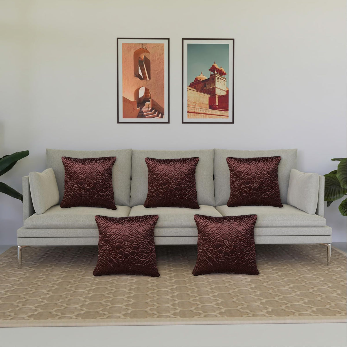 Kuber Industries Cushion Cover | Satin Embossed Quilted Cushion Cover | Cushion Cover for Sofa | Cushion Covers for Home Décor | 16 Inch | Set of 5 | Brown