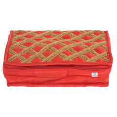 Heart Home Jewellery Kit with Bangle Roll | Polyester Gota Lace Check Design Vanity Organizer | 4 Transparent Pouch & 1 Compartment Cosmatic Kit | Red