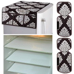 Kuber Industries Flower Design Combo PVC 3 Pieces Fridge Mats, 2 Piece Handle Cover and 1 Piece Fridge Top Cover(Brown)